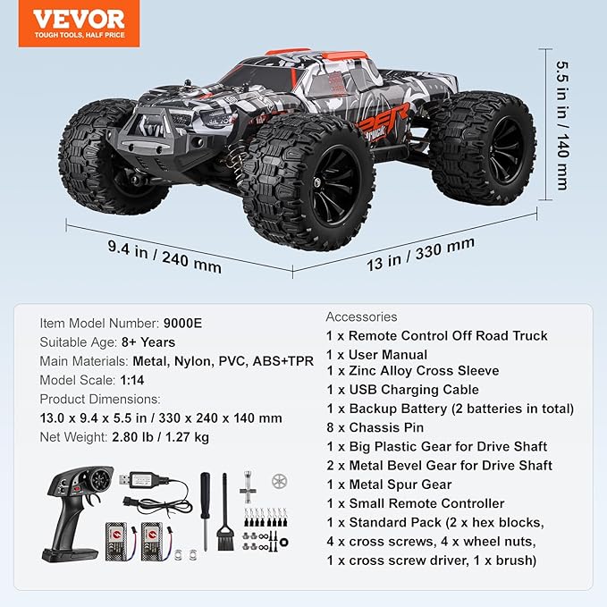 VEVOR Remote Control Car, 1:14 Scale RC for Kids, All Terrain 4WD Off-Road Monster Truck with 45 Wheelie & 2 Batteries, 38 km/h High Speed Hobby Racing - Ideal Gift for 8+ Years Kids