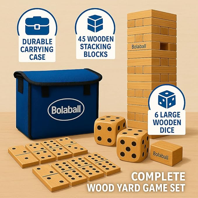 Outdoor Game Set Including 45 Giant Tumbling Blocks, 28 Giant Dominoes, and 6 Giant Dice, Giant Outdoor Games for Family Fun, Set of 3, Classic Block Giant Outdoor Game for Adults