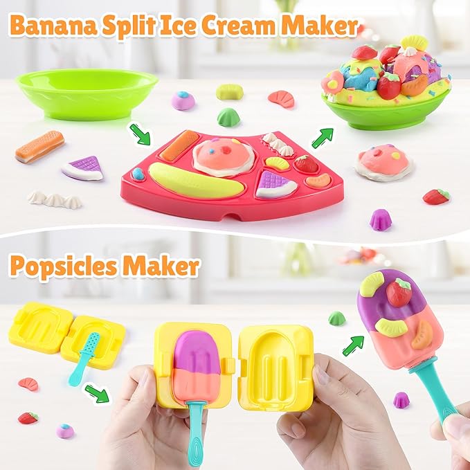 PLAY Clay Dough Set with Ice Cream Maker Machine/Noodle Maker/Banana Split Ice Cream Mold Kitchen Creations Arts Crafts Play Food Toys Tools Kit for Boys Girls Kids Toddlers Ages 3+