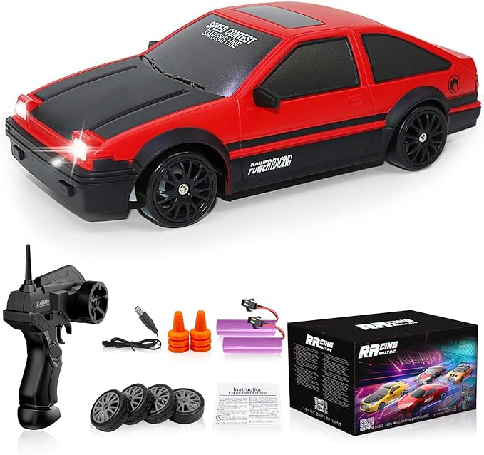 Remote Control Car RC Drift 2.4GHz 1:24 Scale 4WD 15KM/H High Speed Model Vehicle with LED Lights Drifting Tire Racing Sport Toy for Adults Boys Girls Kids Gift 2Pcs Rechargeable Batteries