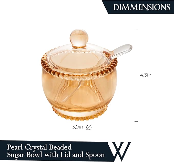 WOLFF - Pearl Crystal Beaded Sugar Bowl with Lid and Spoon - Sugar Holder, Dish for Candy Dispenser, Jelly Jar (Amber, Sugar Bowl)