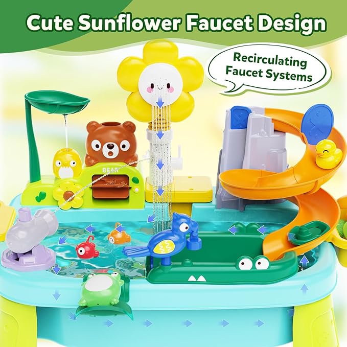 Water Table for Toddlers 1-3, Water Table for Kids Ages 4-8 with Pump, Sensory Tables with Play Vegetables, Tableware & Fishing Game, Outdoor Toy Summer Beach for Kids Boys Girls Age 3 4 5 6 7 8