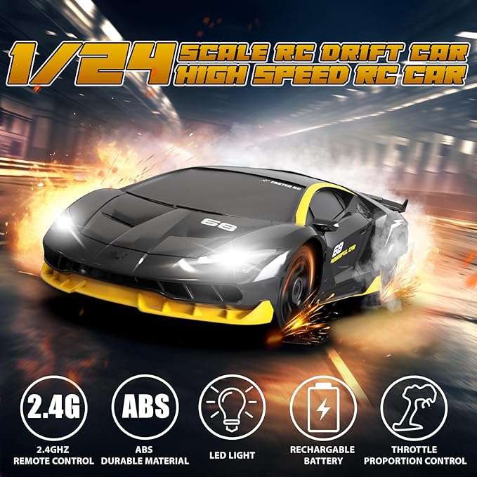 RC Drift Remote Control Car 2.4GHz 1/24 4WD 15KM/H High Speed Racing Sport with LED Lights Drifting Tire Toy for Adults Boys Girls Kids Gift 2Pcs Rechargeable Batteries