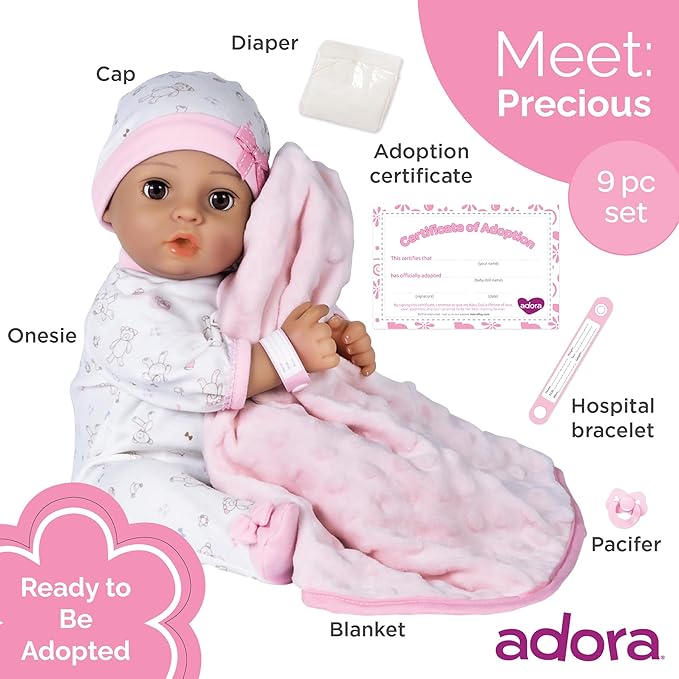 Adora 16 Inch Girl Baby Doll with Accessories Matching 9-Piece Set Including a Pacifier, Hospital, Bracelet, Diaper, and More Gift for Toddlers Ages 3+ Adoption Babies Collection - Precious