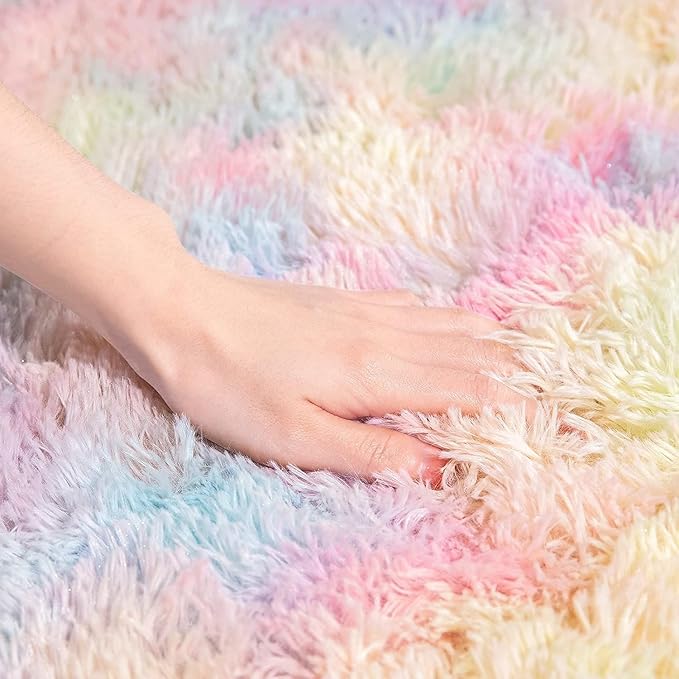 AROGAN 8x10 Feet Soft Rainbow Area Rugs for Kids Girls Room, Fluffy Cute Colorful Princess Carpet for Kids Teens Nursery Toddler,Bedroom, Pink