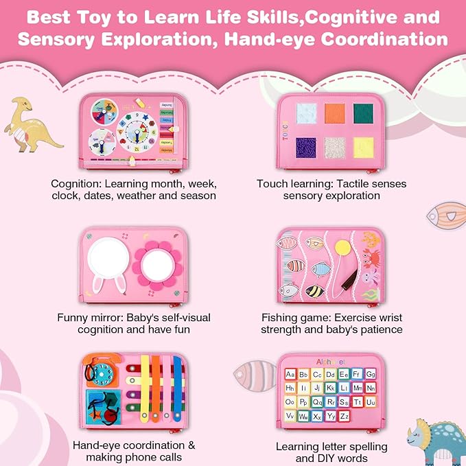 Busy Board for Toddlers 1-4, Sensory Board Travel Toys Gifts for 1 2 3 4 Year Old Girls Boys, Montessori Toys to Learn Fine Motor Skills, Educational Activities Busy Book for Airplane Car (Pink)