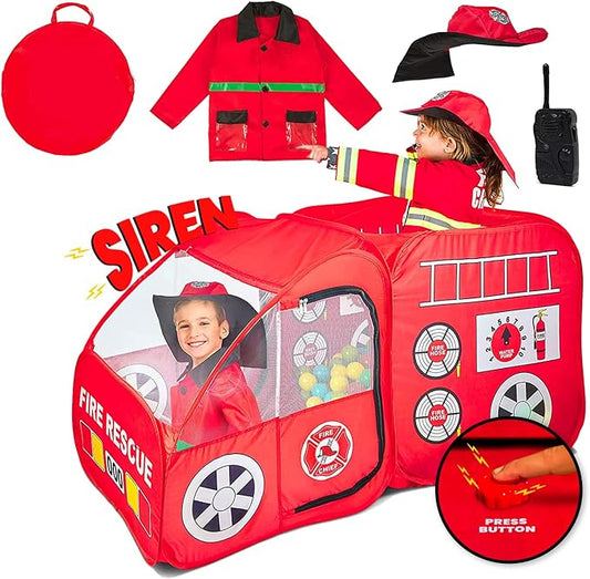 Kiddey Fire Truck Tent for Kids | Firetruck Play Tents with Sirens and Fireman Sounds for Girls, Boys, & Toddlers Gifts | Red Fire Engine Pop Up Playhouse with Costume | Indoor & Outdoor Baby Tent