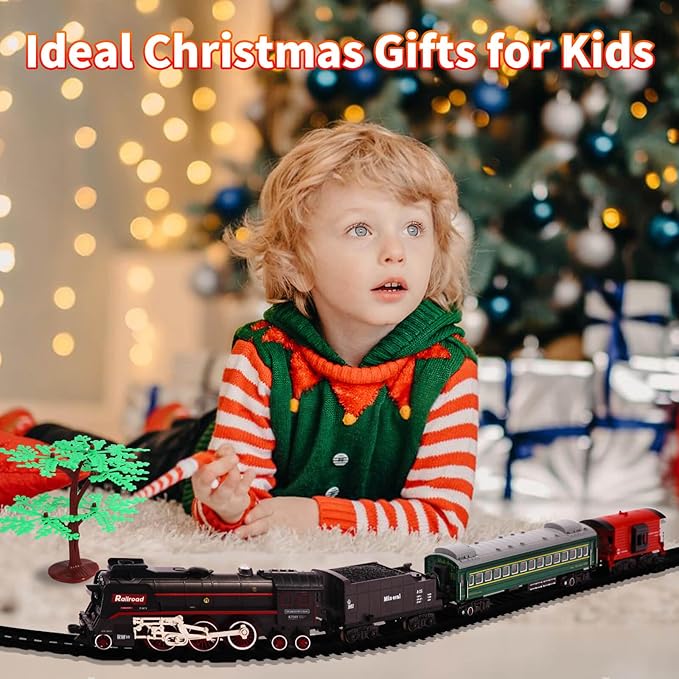 Train Set, Christmas Train Sets for Around The Tree Electric Train with Steam, Lights and Sound, Model Train Set for Kids Toy Gifts for 3 4 5 6 7 8+ Years Old (No Remote)
