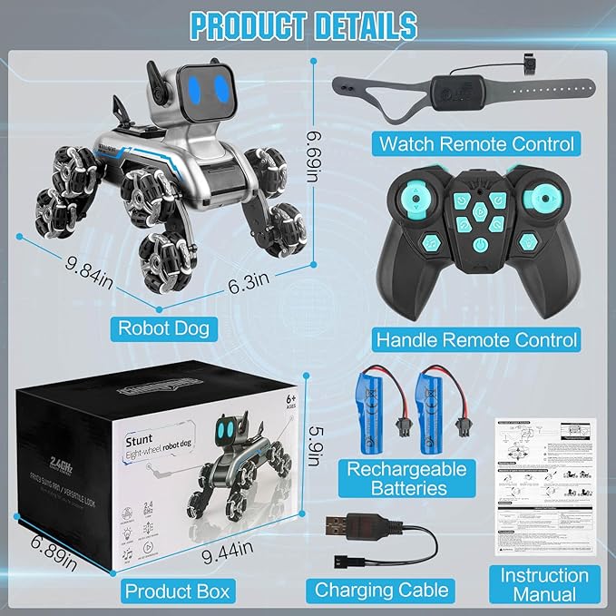 Robot Dog, 2.4Ghz Remote Control Dog Stunt RC Cars with Music & Light, 2 Models RC Robot Toys with 2 Rechargeable Batteries, Birthday Gifts for Kids 6 7 8 9 10 11 12 Years Old