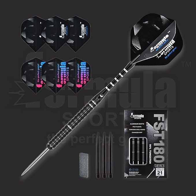 Formula Sports 90% Tungsten Darts Metal Tip Set 21g/22g/23g/24g, Professional Steel Tip Darts Set with Aluminum Shafts, Tungsten Barrels, Extra Flights, Dart Sharpener, Gift Box