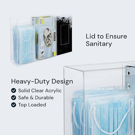 Medical Glove Holder Wall Mount Triple Hygiene Dispenser Station with Lid - Triple Transparent Acrylic - Acrylic Face Mask & Wipes Dispenser - All-Purpose Organizer