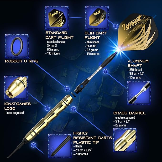 IgnatGames Darts Plastic Tip Sets - 6/12 Pack Soft Tip Darts for Electronic Dartboard with Brass Barels and Aluminum Shafts - 100 Extra Tips and 16 Flights, Wrench & Innovative Case