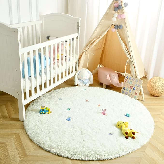 LOCHAS Luxury Round Fluffy Area Rugs for Bedroom Kids Girls Room Nursery, Super Soft Circle Rug, Cute Shaggy Carpet for Children Living Room, 4x4 Feet Cream
