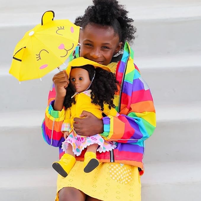Playtime by Eimmie 18 Inch Doll Clothes and Accessories - Yellow Raincoat Set with Hat, Boots & Cat Face Umbrella - Clothing Sets & Stuff - Fits American, Generation & Other 18" Dolls for Girls