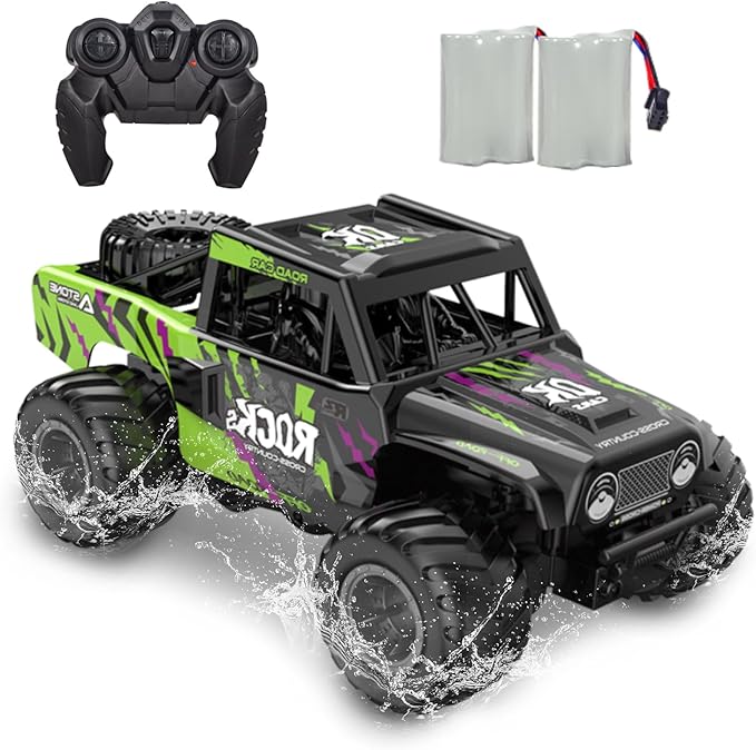 Q191 Remote Control Car & Monster Truck Toys for Boys 4-12 - 1/16 Scale Waterproof Amphibious 4WD RC Car w/ 2 Batteries (50 Min) - All-Terrain Indoor/Outdoor, Pool, Grass, Green