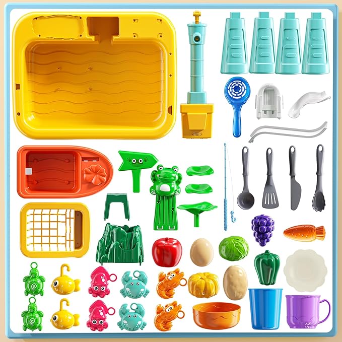 Water Table Play Sink Toy for Kids 3 4 5 6 Years Old - Outdoor Kitchen with Running Water, Fishing Games, Toddler Water Play Table for Kids Ages 3-8, Beach Outdoor Toys, Summer Gifts
