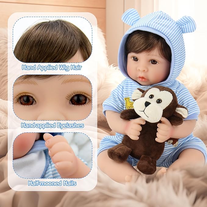 Aori Lifelike Reborn Baby Dolls Blue Bassinet 18 inch Realistic Newborn Boy Doll with Weighted Soft Body with 8 Piece Monkey Toy Carrier Bed Set