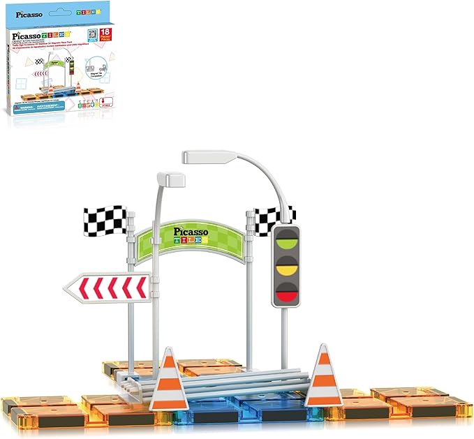PicassoTiles Magnet Tile Compatible Building Race Track Kit Traffic Sign Accessory Stabilizers with Sticker Set STEM Educational Magnets Toddler Racecourse Structure Blocks Add On Ages 3+ PTR01
