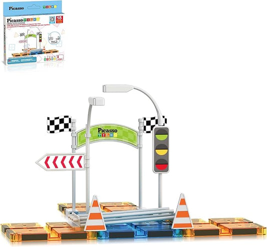 PicassoTiles Magnet Tile Compatible Building Race Track Kit Traffic Sign Accessory Stabilizers with Sticker Set STEM Educational Magnets Toddler Racecourse Structure Blocks Add On Ages 3+ PTR01