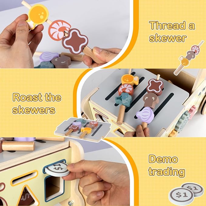 Baby Push Toys, Wooden Play Kitchen Food Cart, Montessori Acitivty Center Walker Toys for 1 2 Year Old Girl Boys Gifts