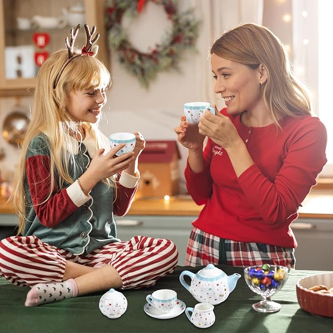 Sweejar Porcelain Tea Set for Little Girls,Kitchen Toys Tea Party Set for Kids Toddler Kitchen Pretend Toy Include Children Teapot, Cup & Saucer Set of 4, Sugar Bowl and Cream Pitcher(Sweet)
