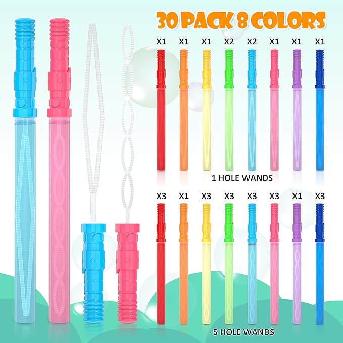 30 Pack 14’’ Big Bubble Wands, 8 Colors Bulk for Summer Toy, Outdoor / Indoor Activity Use, Easter, Birthday, Graduation, Shower, Bubbles Party Favors Supplies for Kids Toddlers