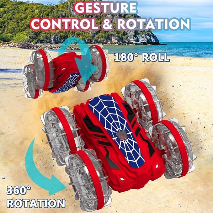 Spider Amphibious Remote Control Car Boat, 4WD Waterproof 2.4 GHz Pool Toys for Ages 6 7 8 9 10 11 12, 360° Gesture Sensing RC Stunt Car with LED Lights, Boys Girls Gifts All Terrain Water Toy