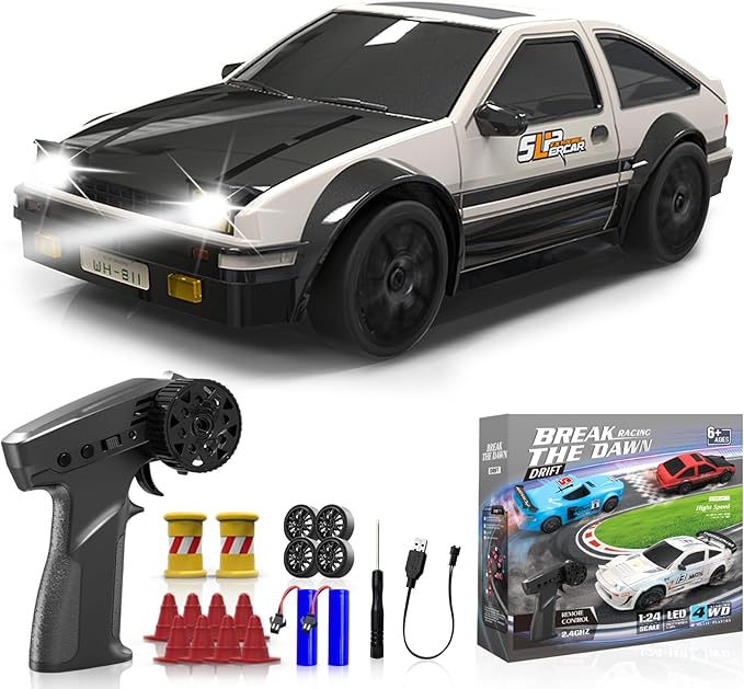 RC Drift Car, 1/24 Remote Control Car, 2.4Ghz 17KM/H High Speed RC Cars with LED Lights, Extra Tires, 2 Rechargeable Batteries, 4WD Racing Car Toys Christmas Birthday Gift for Kids Boys Girls Adults