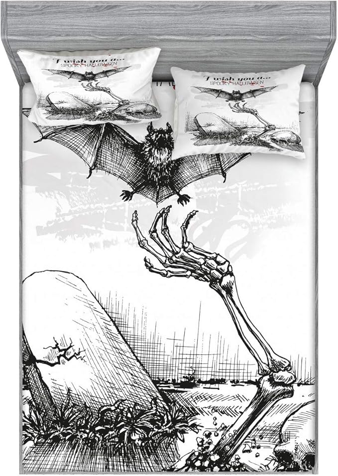 Ambesonne Halloween Fitted Sheet & Pillow Sham Set, Dead Skull Skeleton Out of The Grave and Flying Bat Hand Drawn Spooky Picture, Decorative Printed 3 Piece Bedding Decor Set, King, Black Ecru