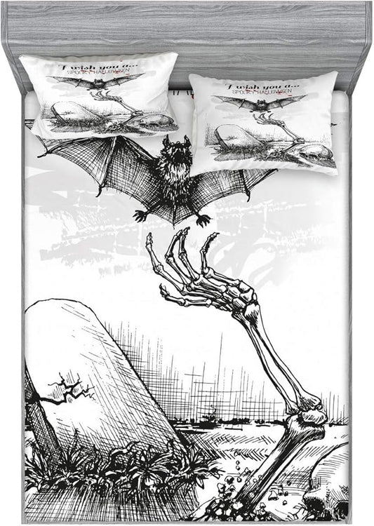 Ambesonne Halloween Fitted Sheet & Pillow Sham Set, Dead Skull Skeleton Out of The Grave and Flying Bat Hand Drawn Spooky Picture, Decorative Printed 3 Piece Bedding Decor Set, King, Black Ecru