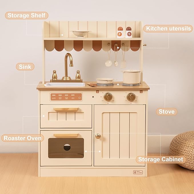 ROBUD Wooden Play Kitchen Set for Kids, Pretend Play Kitchen Toy Set with Golden Faucet, Sink, Oven, Stove, Cabinet, Vintage Style, Gift for Boys & Girls, Ages 3+