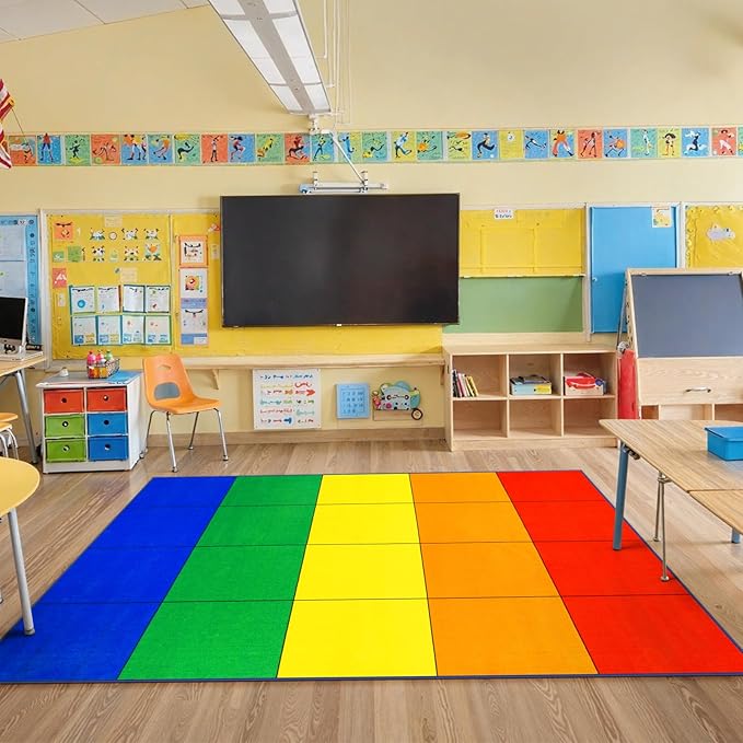 LIVEBOX Elementary Classroom Rugs for Kids, Washable Kids Rugs for Playroom School, Nursery, Colorful Children's Educational Carpet Non-Slip Classroom Mat for Learning, 6'x9'(Seats-20)