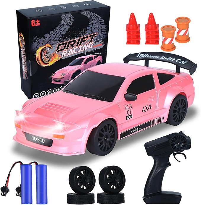 Mini RC Drift Car with Full Proportional Throttle, 1:24 Remote Control Car 4WD Drift GT-RX7 Rc Vehicle High-Speed Racing Drifting Cars Gifts Toy for Boys Kids (Pink)