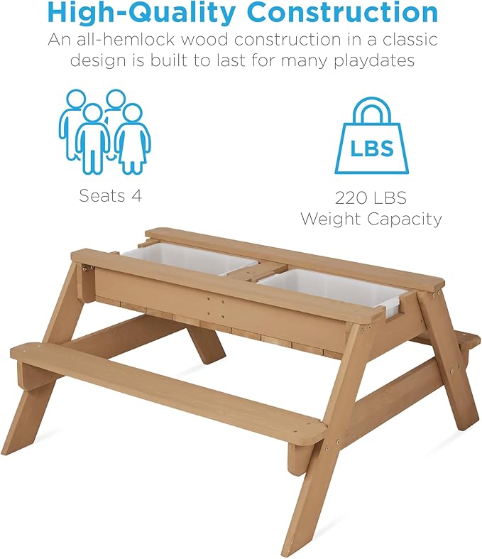 Best Choice Products Kids 3-in-1 Sand & Water Table, Wood Outdoor Convertible Picnic Table w/Umbrella, 2 Trays, Removable Top, 220lb Capacity Per Bench - Navy