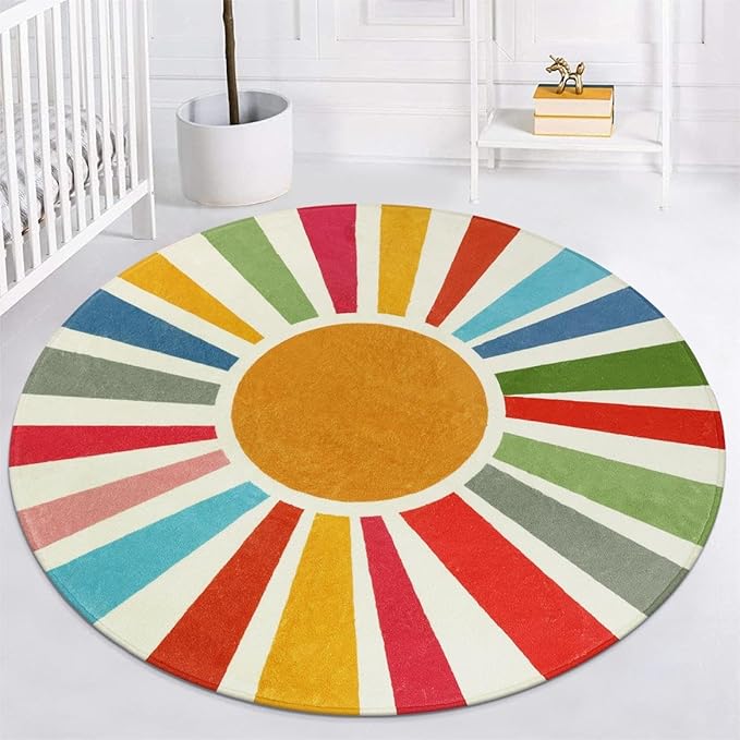 STARUIA Boho Washable Rug 5 Ft Round Area Rug for Bedroom, Rainbow Circle Kids Rugs for Office, Non-Slip Circluar Carpet Soft Sunshine Rugs for Dorm Nursery Sofa Living Room Corner