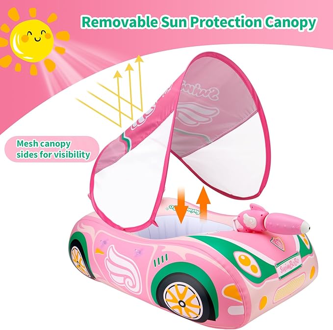Swimbobo Toddler Pool Float Pink Inflatable Airplane Car Baby Swim Float with Water Gun and Safety Seat Pool Toys for Kids 3+ Years Old