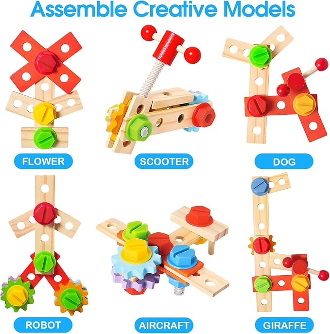Kids Tool Set Toy with Drill, Wooden Toy for 2 3 4 5 Years Old Boy Girl, 37 Pcs Stem Montessori Toy for Learning Educational Construction Toy, Birthday Gift for Kids