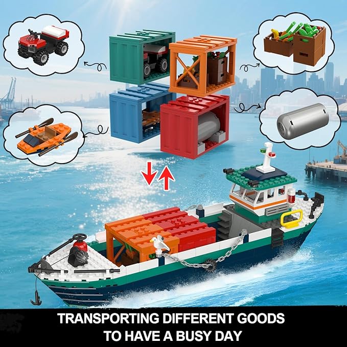 HOGOKIDS City Wharf Building Set with Crane - Includes Ship Train Truck, 4 Containers with Cargo Harbor Building Blocks | Large Construction Toy for for Adults Teens Kids Girls Boys 8-14+（1373PCS）
