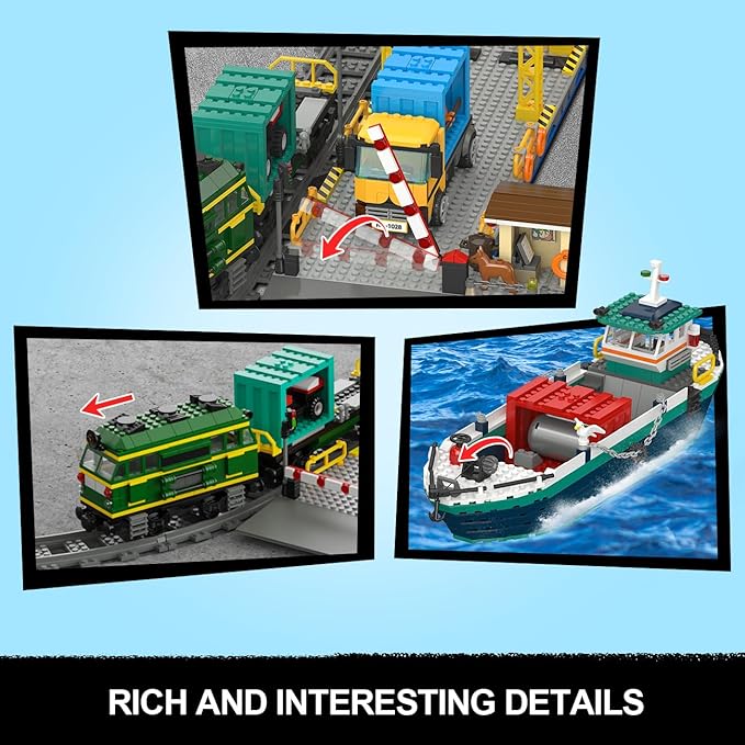 HOGOKIDS City Wharf Building Set with Crane - Includes Ship Train Truck, 4 Containers with Cargo Harbor Building Blocks | Large Construction Toy for for Adults Teens Kids Girls Boys 8-14+（1373PCS）