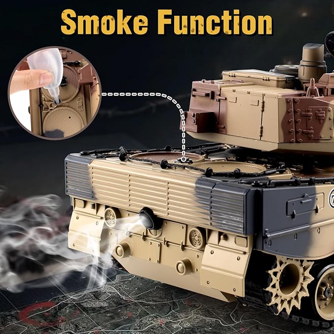 1:18 RC Tank, 2.4Ghz German Leopard II Remote Control Model Toys, RC Vehicle Tank That Shoots BBS and Water Bombs for Adults and Kids, Military Army Toys with Smoke, Lights, Sound and Recoil
