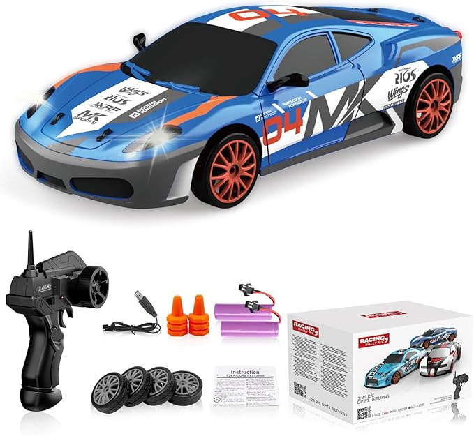 RC Drift Car Remote Control Car 2.4GHz 1:24 Scale 4WD 15KM/H High Speed Model Vehicle LED Lights Drifting Tire Racing Sport Toy for Adult Boys Girls Kids Gift 2Pcs Rechargeable Batterie
