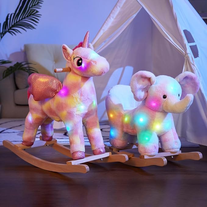 Glow Guards Musical Elephant Baby Rocking Horse Set with Rainbow Plush Toy, Wooden Chair for Toddlers Girls & Babies Age 1-3