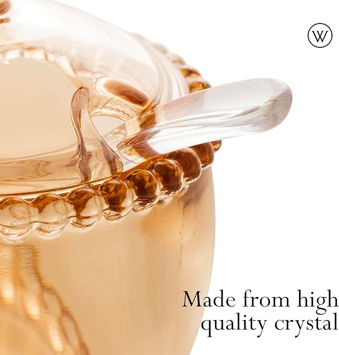 WOLFF - Pearl Crystal Beaded Sugar Bowl with Lid and Spoon - Sugar Holder, Dish for Candy Dispenser, Jelly Jar (Amber, Sugar Bowl)