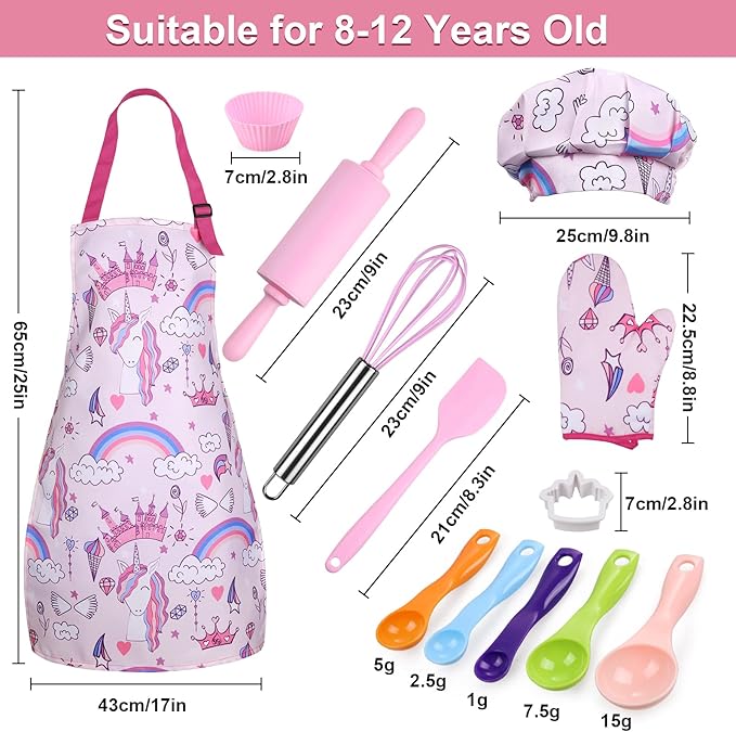 Anpro Complete Kids Cooking and Baking Set - 27 Pcs Includes Aprons for Girls, Chef Hat, Mitt & Utensil to Dress Up Chef Costume Career Role Play for 8-12 Years Girls