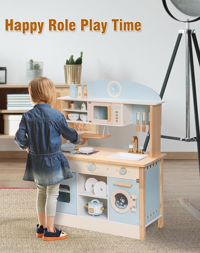 ROBOTIME Wooden Kitchen for Kids Play Kitchen, Toy Kitchen Set for Kids Kitchen Playset with Plenty of Play Features, Realistic Toddler Kitchen Set, Gift for Girls Boys Ages 3+