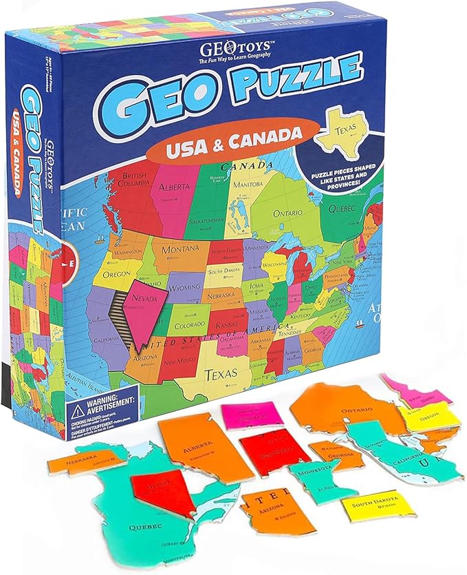 GeoToys GeoPuzzle, USA & Canada Shaped Jigsaw Puzzles, 69 Pc Geography Puzzle, Geography Game, Map Puzzle - Jigsaw Puzzles for Kids Ages 6-9 Years Old