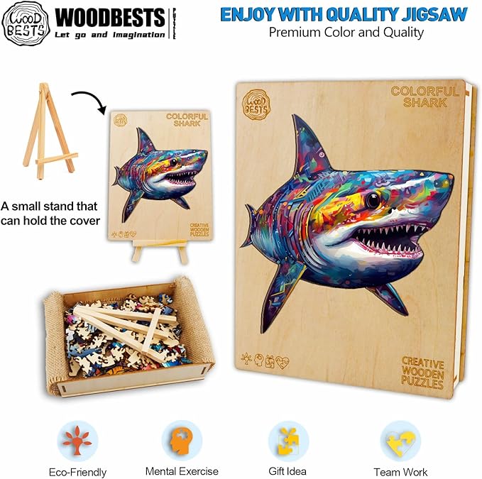 WOODBESTS Wooden Puzzle for Adults, Shark Puzzle (L, 300pcs, 16.7"x16.5") Beautiful Wooden Box, Wooden Jigsaw Puzzles Unique Shape, Birthday Gifts for Adults and Kids Family Game