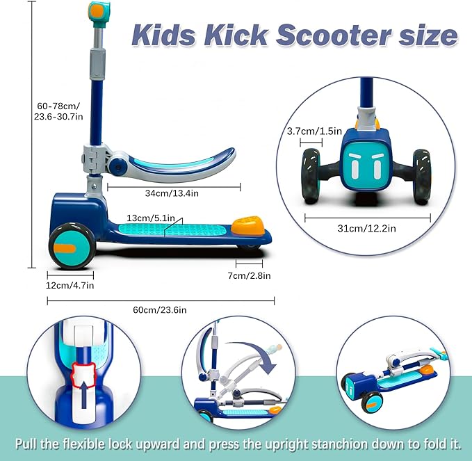 Unbreakable & Never Fall Down 2-in-1 Scooters Kids 3 Wheel Kick Scooter for Boys Girls Ages 3-8, Adjustable Height & Seat, Widened Non-Slip Deck, More Safer for Beginner Toddlers