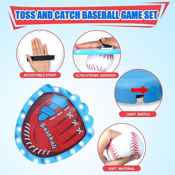 Toss and Catch Baseball Toy Set with 4 LED Light-Up Gloves 6 Soft Baseball, Fun Sticky Ball Catch Games for Kids Ages 3-12, Beginner Baseball Training, Indoor/Outdoor Sports Toy Gifts for Boys & Girls
