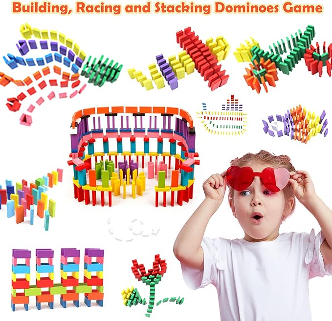 WOOD CITY 1000 Piece Dominoes Set for Kids with Extra 20 Blocks, Colorful Dominos Tiles for Building, Stacking, Racing, Tumbling, Wood Domino with Storage Bag and Box, Educational Toy